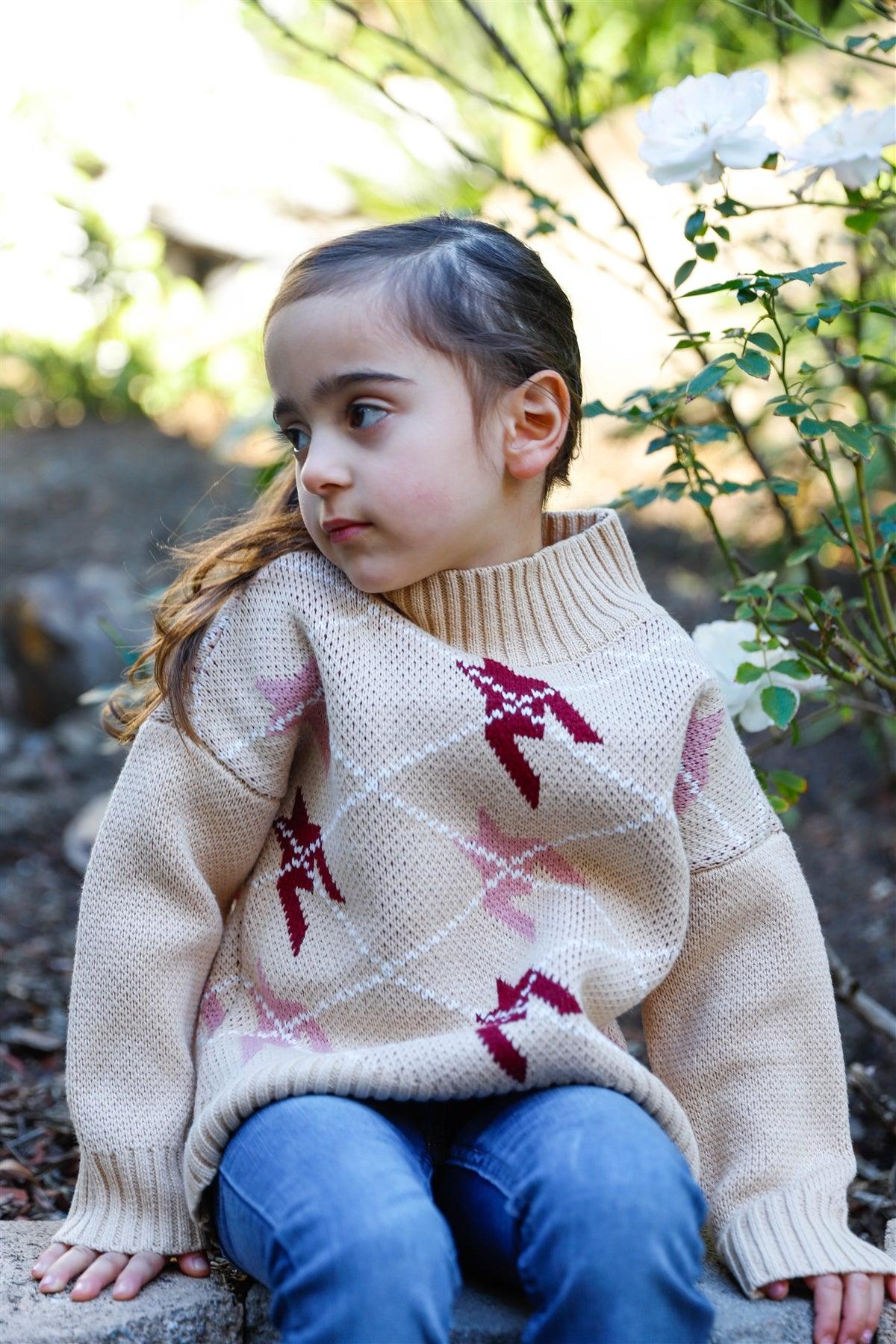 Toddler Girls Taupe Contrast Diamond Knit Turtle Neck Sweater /1-3-2