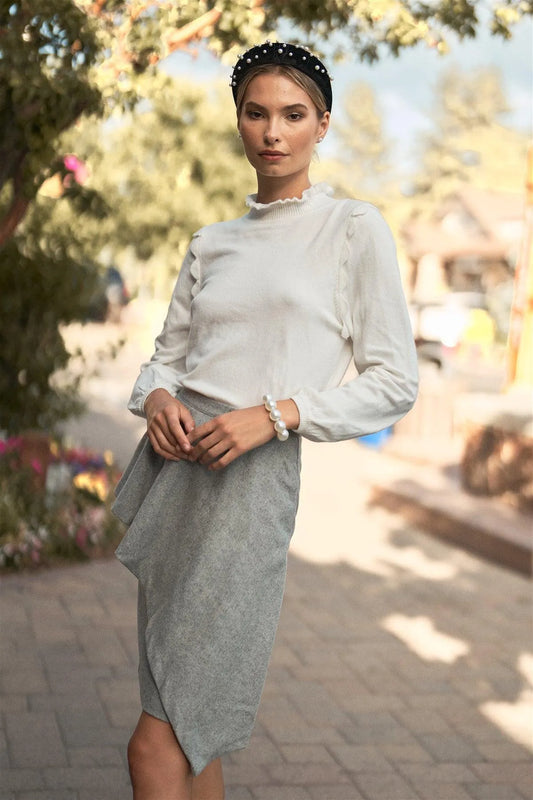 Ivory Scallop Shoulder Detail High Ruffle Neck Long Balloon Sleeve Knit Top /3-2-2 - Tasha Apparel Wholesale