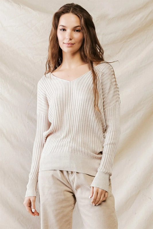 Ivory Viscose Material Ribbed V-Neck Long Sleeve Top /2-2-1 - Tasha Apparel Wholesale