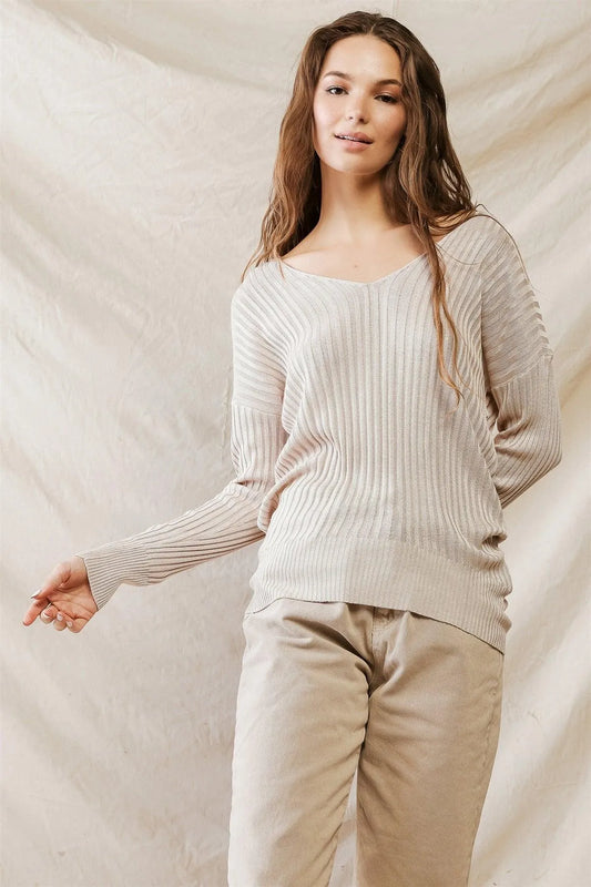 Ivory Viscose Material Ribbed V-Neck Long Sleeve Top /3-2-1 - Tasha Apparel Wholesale