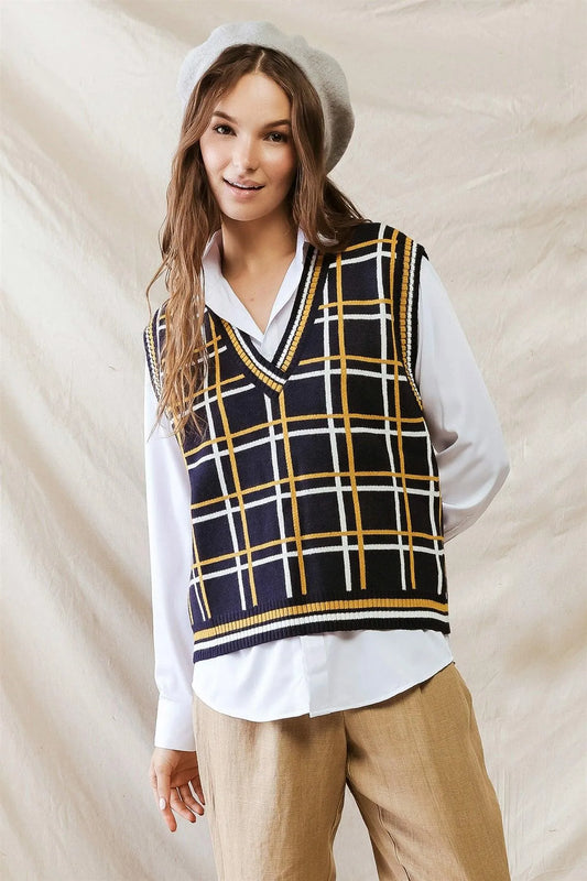 Navy White & Yellow Plaid Knit Sleeveless Vest /1-2-1 - Tasha Apparel Wholesale