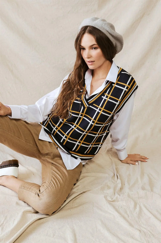 Navy White & Yellow Plaid Knit Sleeveless Vest /3-2-1 - Tasha Apparel Wholesale