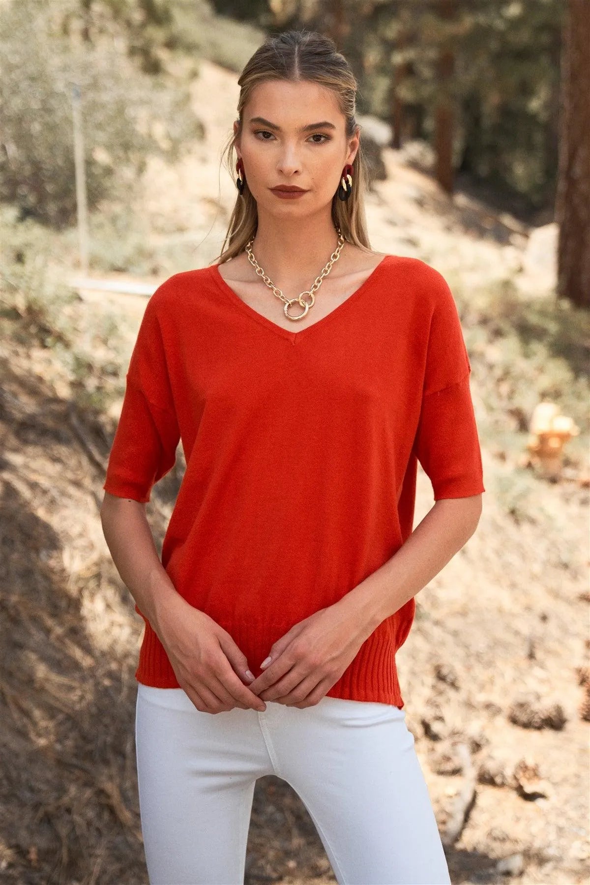Bright Red V-Neck Short Sleeve Loose Fit Rib Hem Knit Top /2-2-2-1 - Tasha Apparel Wholesale