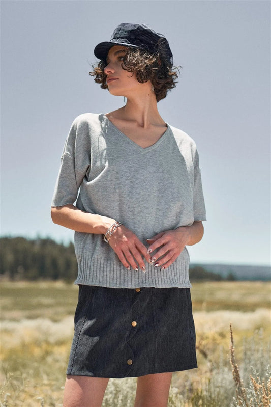 Grey V-Neck Short Sleeve Loose Fit Rib Hem Knit Top /2-2-1-1 - Tasha Apparel Wholesale