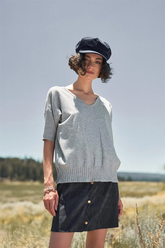 Grey V-Neck Short Sleeve Loose Fit Rib Hem Knit Top /1-2-2-1-1 - Tasha Apparel Wholesale