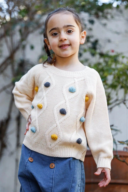 Toddler Girls Ivory Knit Multi Color Polka Dot Detail Sweater /1-3-2 - Tasha Apparel Wholesale