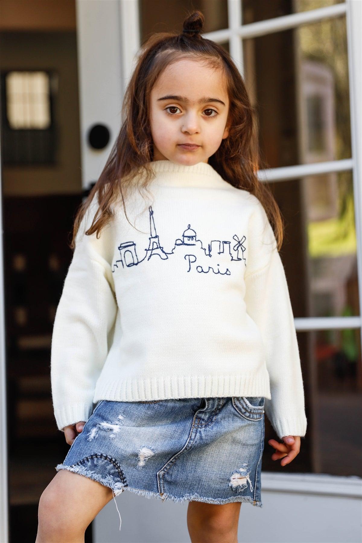 Girls Off-White Knit Cotton "Paris" Embroidered Print Sweater /1-3-2