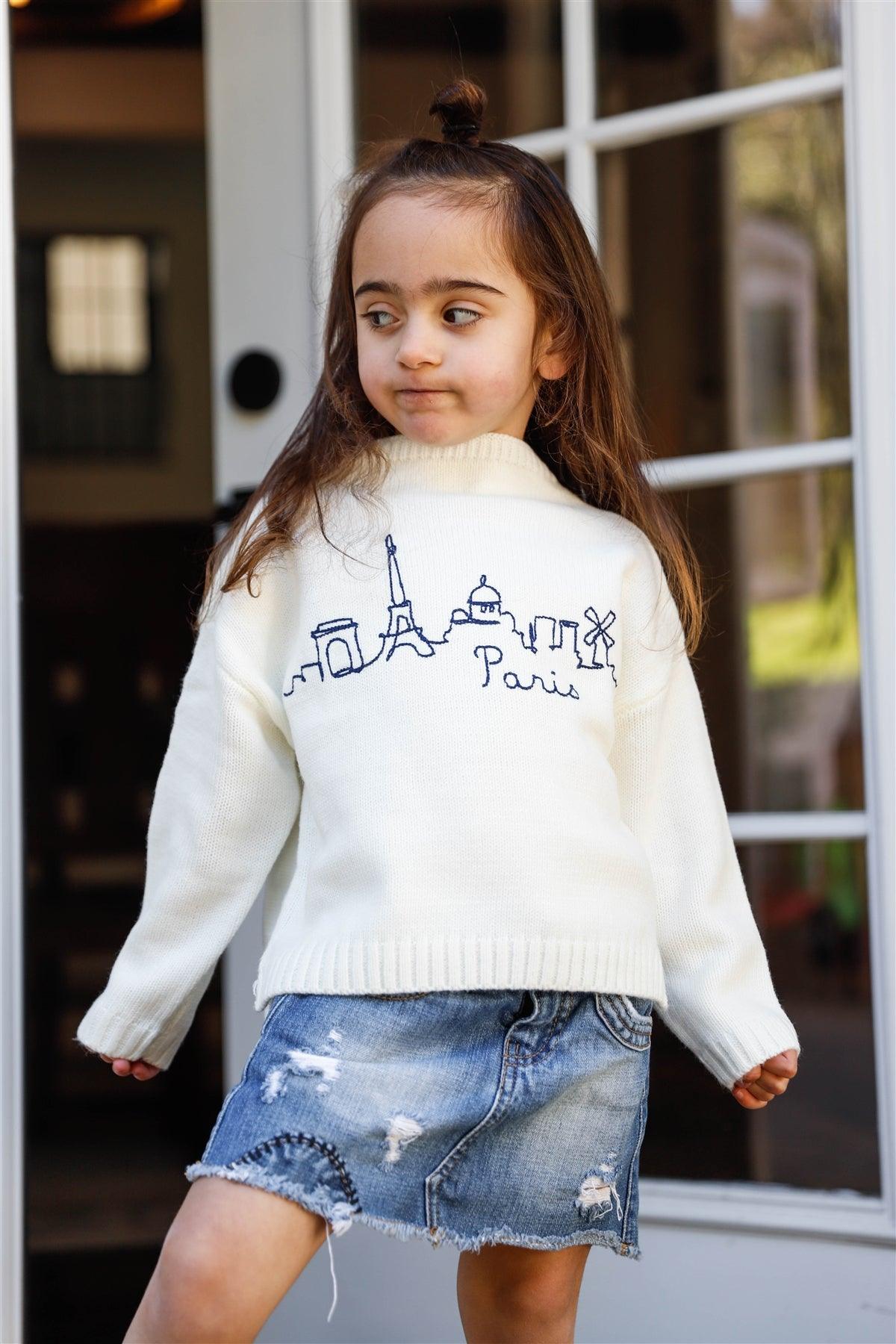 Toddler Girls Off-White Knit Cotton "Paris" Embroidered Print Sweater /1-3-2