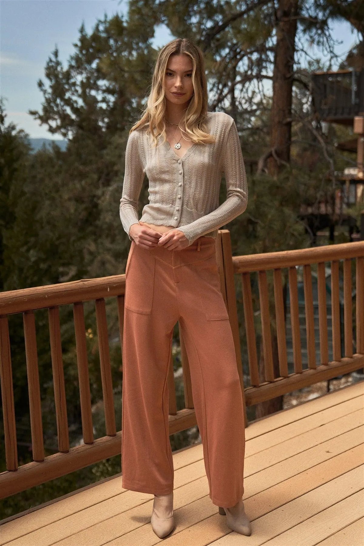 Ecru Pointelle Knit V-Neck Button Down Long Sleeve Cardigan - Tasha Apparel Wholesale