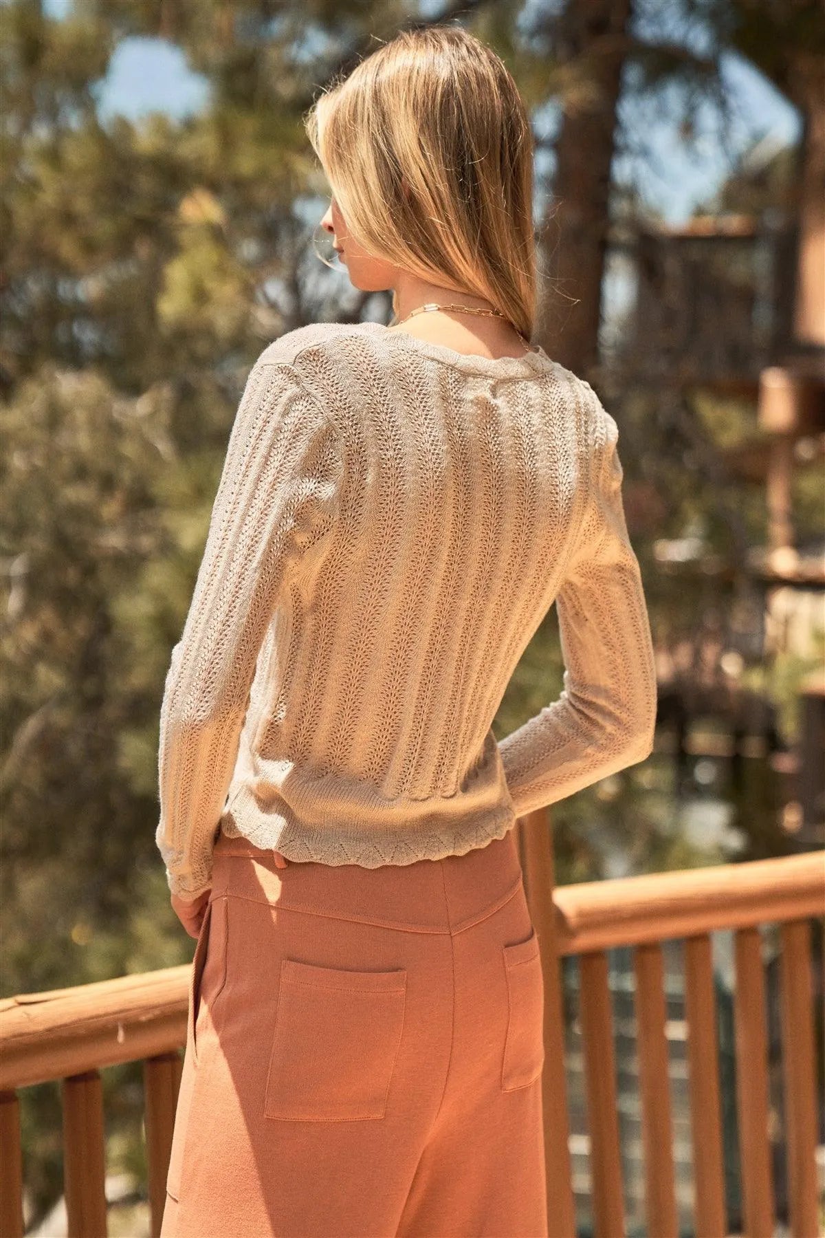 Ecru Pointelle Knit V-Neck Button Down Long Sleeve Cardigan - Tasha Apparel Wholesale