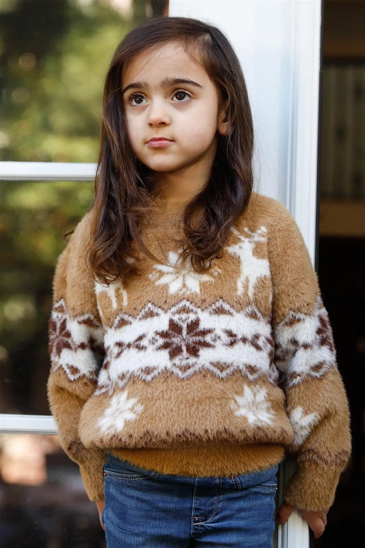 Toddler Girls Light Brown Fluffy Fair Isle Deer Pattern Sweater /1-3-2 - Tasha Apparel Wholesale