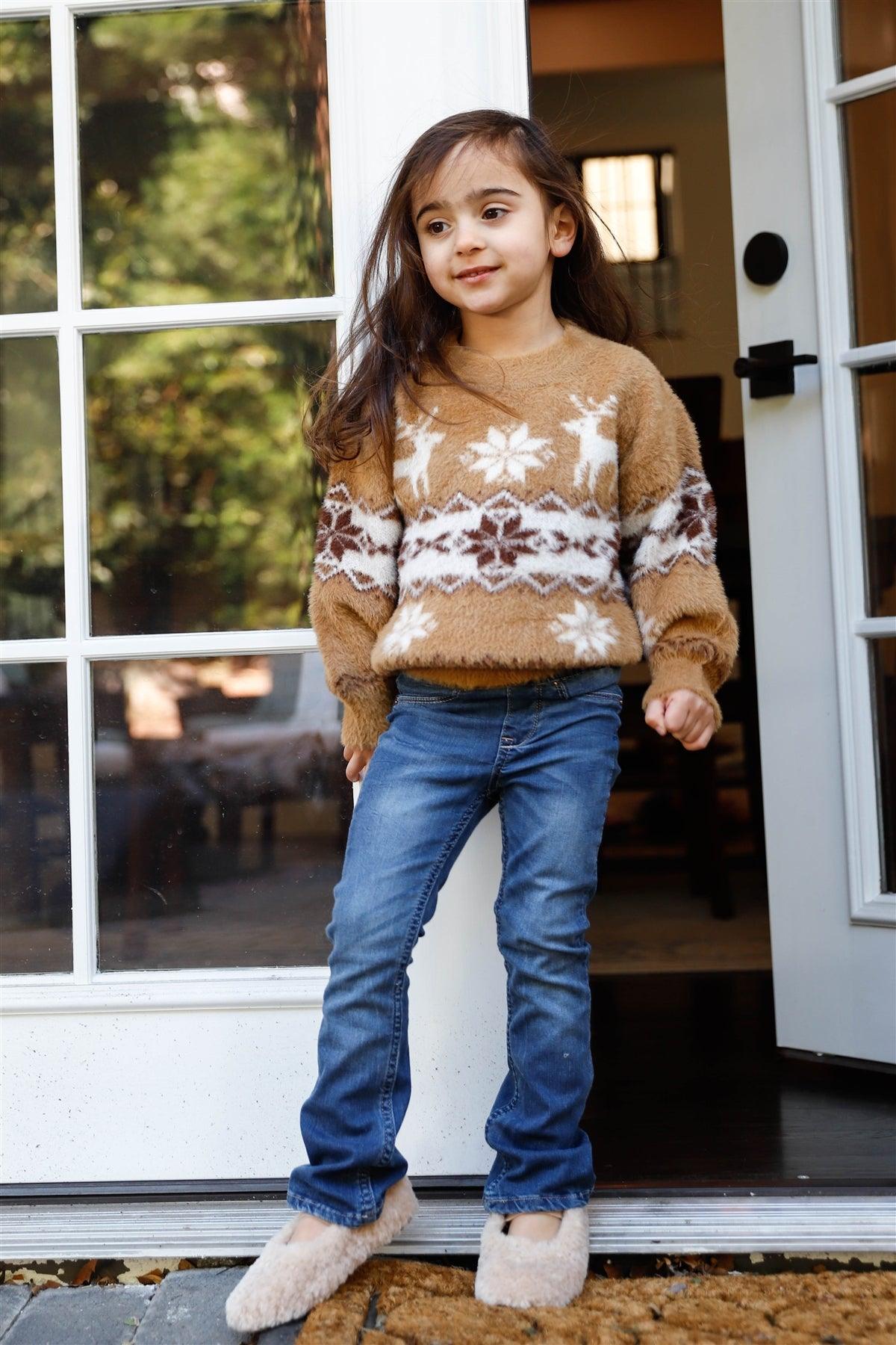 Toddler Girls Light Brown Fluffy Fair Isle Deer Pattern Sweater /1-3-2