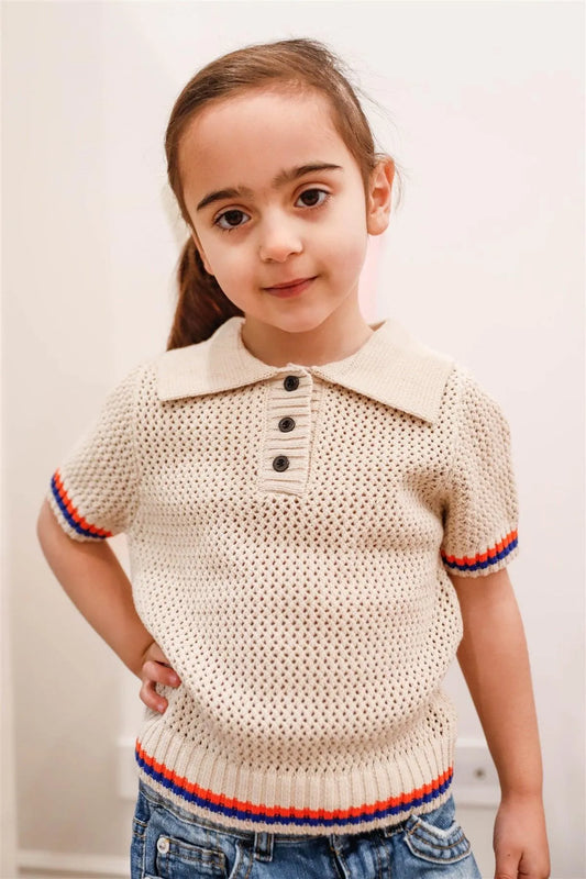 Toddler Girls Ecru Crochet Stripe Details Polo Top /1-3-2 - Tasha Apparel Wholesale