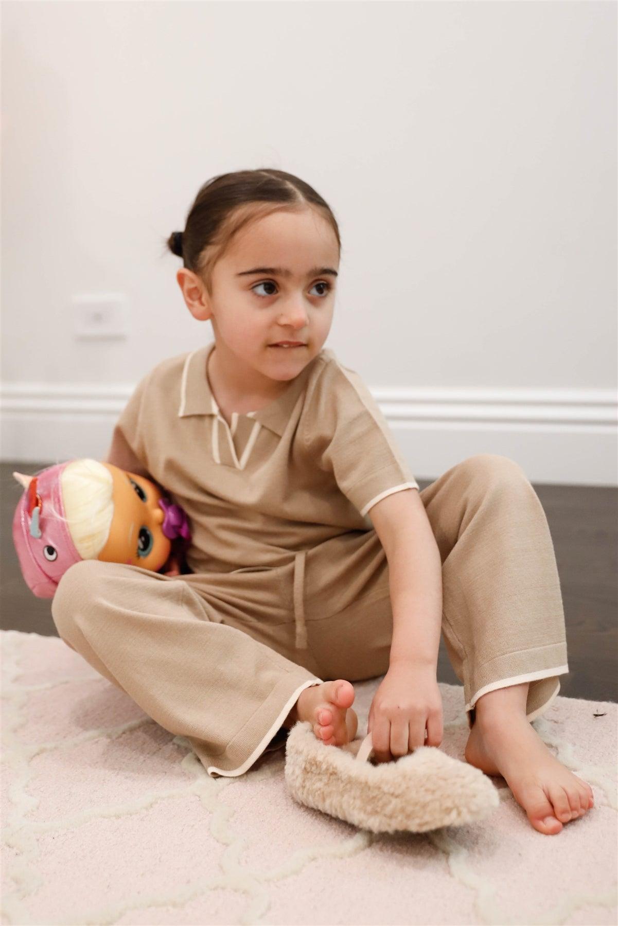 Girls Taupe Knit Contrast Trim Polo Top & Wide Leg Pant Set /1-3-2