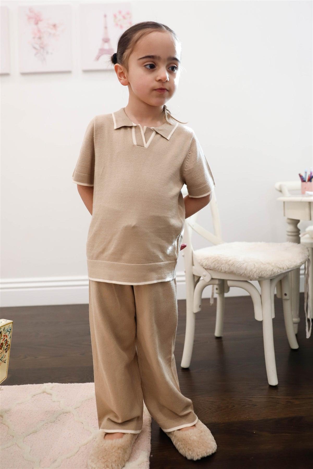 Toddler Girls Taupe Knit Contrast Trim Polo Top & Wide Leg Pant Set /1-3-2