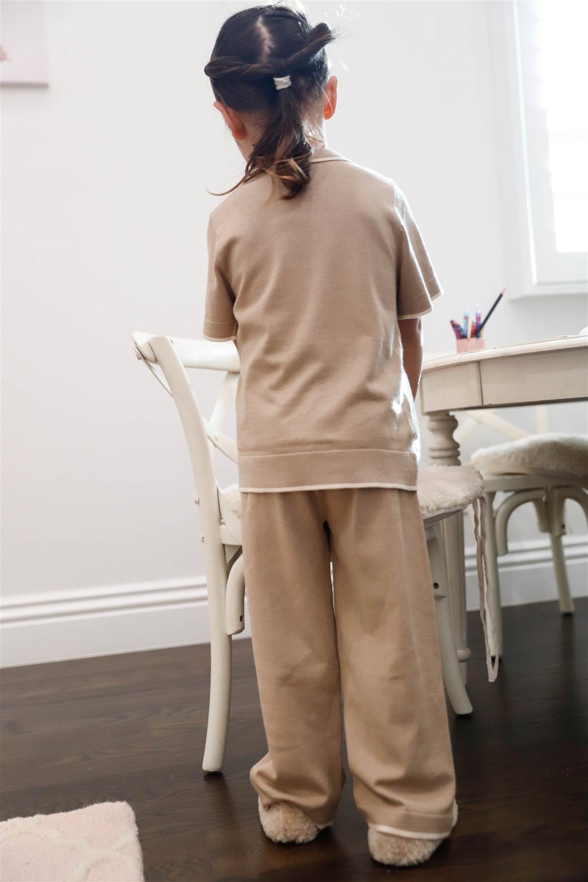 Toddler Girls Taupe Knit Contrast Trim Polo Top & Wide Leg Pant Set /1-3-2