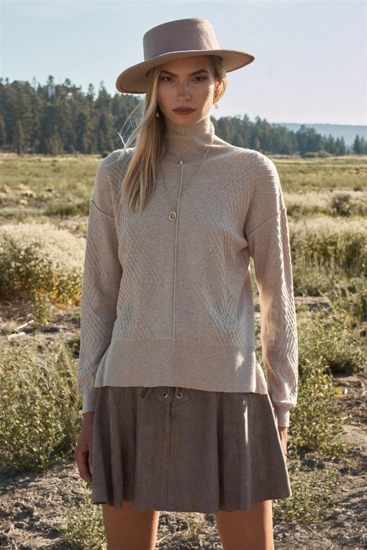 Ivory-Taupe Turtleneck Long Sleeve Ribbed Geo Knit Top - Tasha Apparel Wholesale
