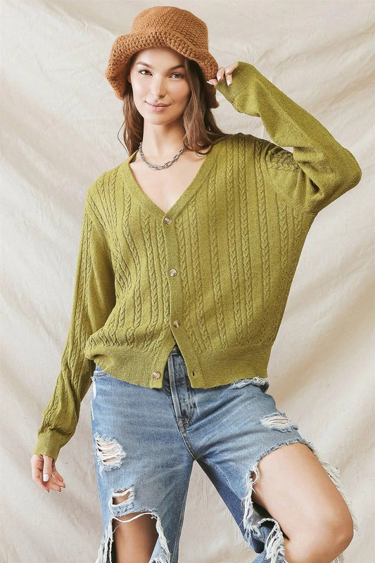 Farm Cable Knit Button-Up Long Sleeve Cardigan Sweater /3-2-1 - Tasha Apparel Wholesale