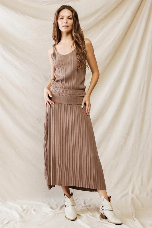 Nude Plaid Viscose High Waist Midi Skirt & Sleeveless Top Set /2-2-1 - Tasha Apparel Wholesale