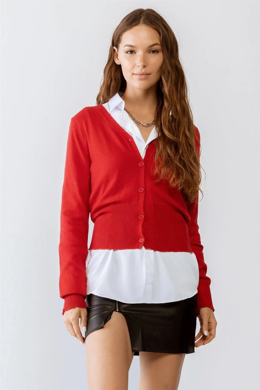 Red Stitch Detail Button-Up V-Neck Long Sleeve Sweater /3-2-1 - Tasha Apparel Wholesale