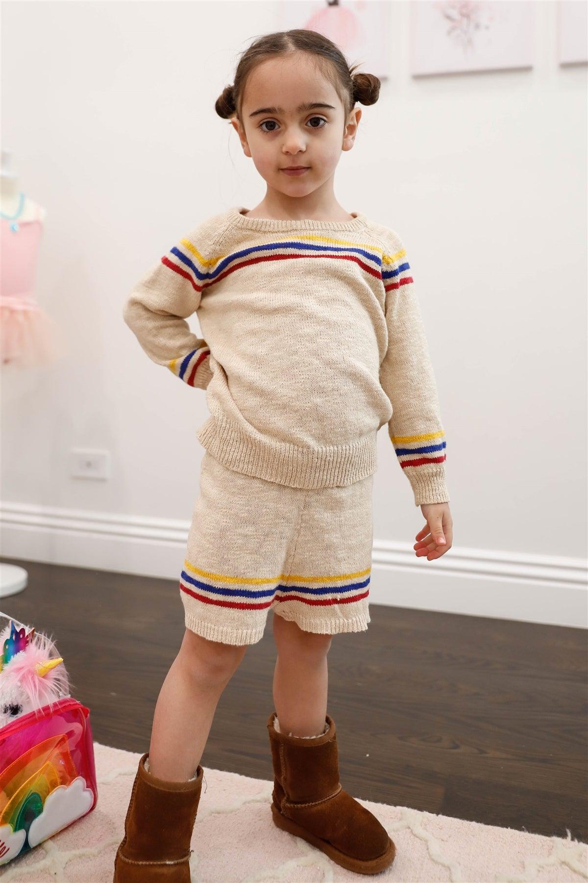 Girls Oatmeal Cotton Knit Multi Color Stripe Sweater & Short Set /1-3-2