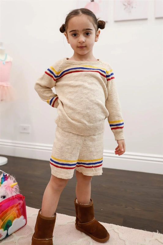 Little Toddler Girls Oatmeal Cotton Knit Multi Color Stripe Sweater & Short Set - Tasha Apparel Wholesale