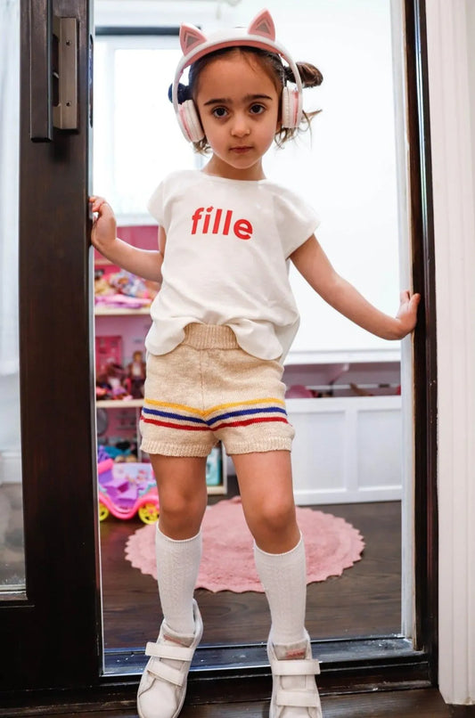 Little Toddler Girls Oatmeal Cotton Knit Multi Color Stripe Shorts - Tasha Apparel Wholesale