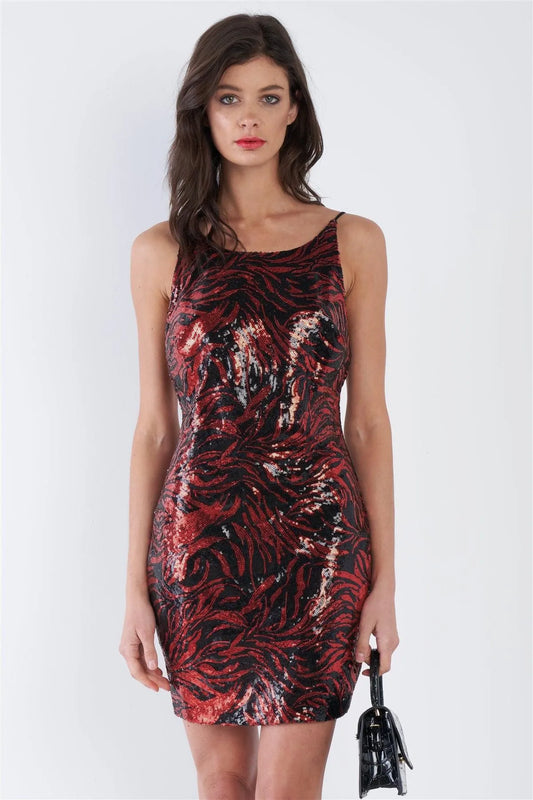 Red & Black Sequin Sleeveless Open Back Classic Mini Dress /2-2-2 - Tasha Apparel Wholesale