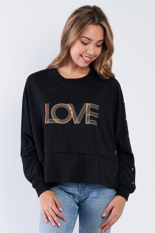 Black Long Sleeve "Love" Crew Neck Shoulder Snap Detail Top - Tasha Apparel Wholesale
