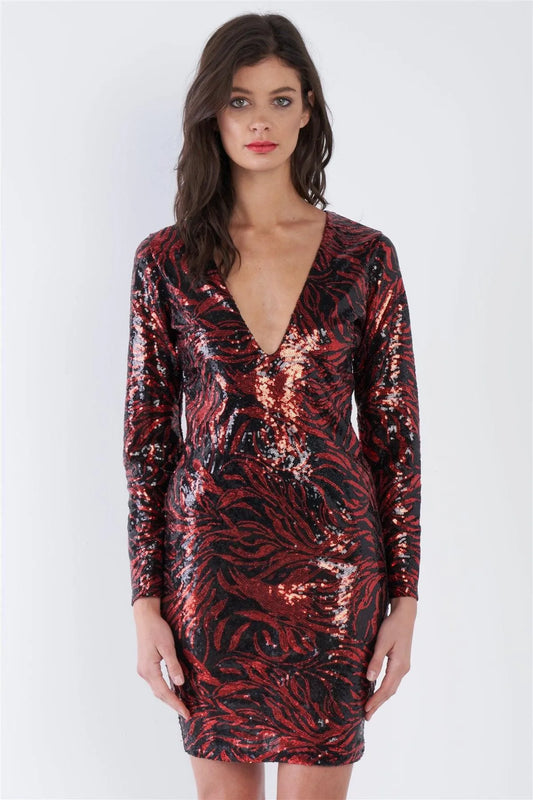 Red & Black Sequin V-Neck Tear Drop Open Back Classic Mini Dress /2-2-2 - Tasha Apparel Wholesale