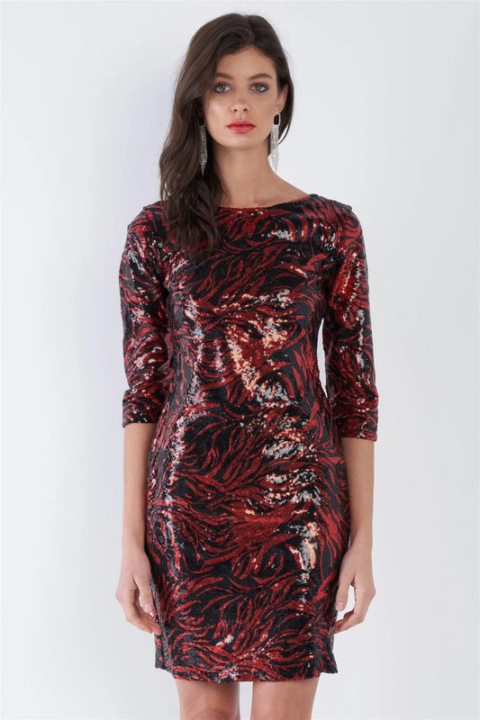 Red & Black Sequin 3/4 Sleeve Scoop Back Classic Mini Dress /2-2-2 - Tasha Apparel Wholesale