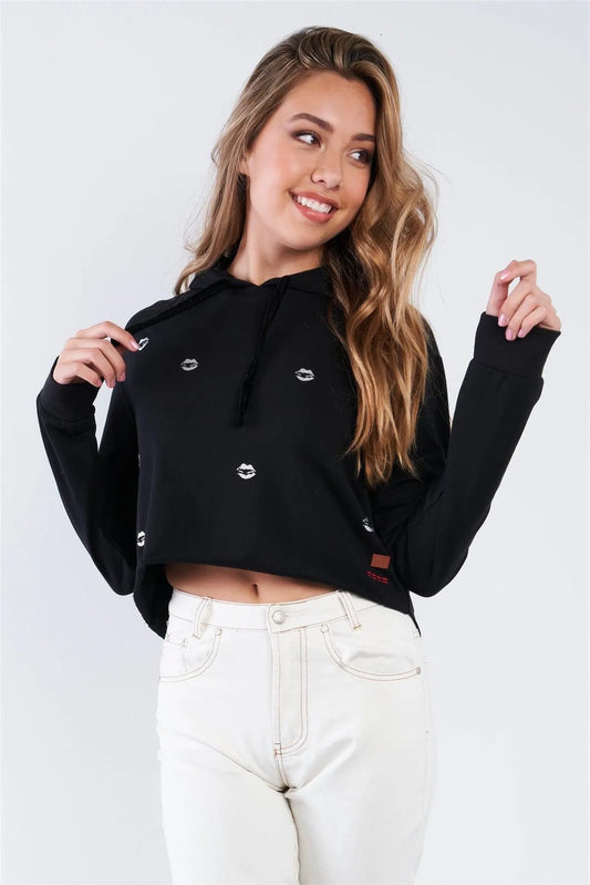 Long Sleeve Metallic Lip Detail Pullover Crop Hoodie Sweatshirt - Tasha Apparel Wholesale