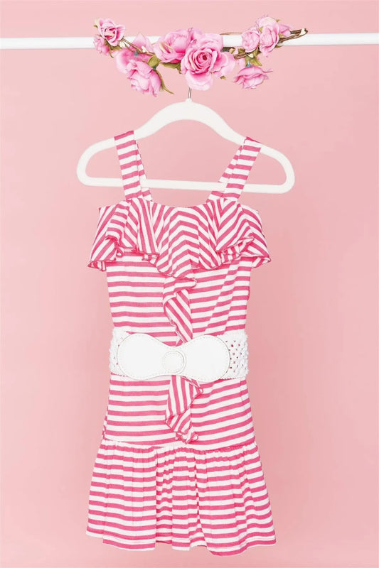 Toddler Girls Pink White Stripped Belted Front Ruffle Flounce Hem Dress /1-1-1-1-1 - Tasha Apparel Wholesale