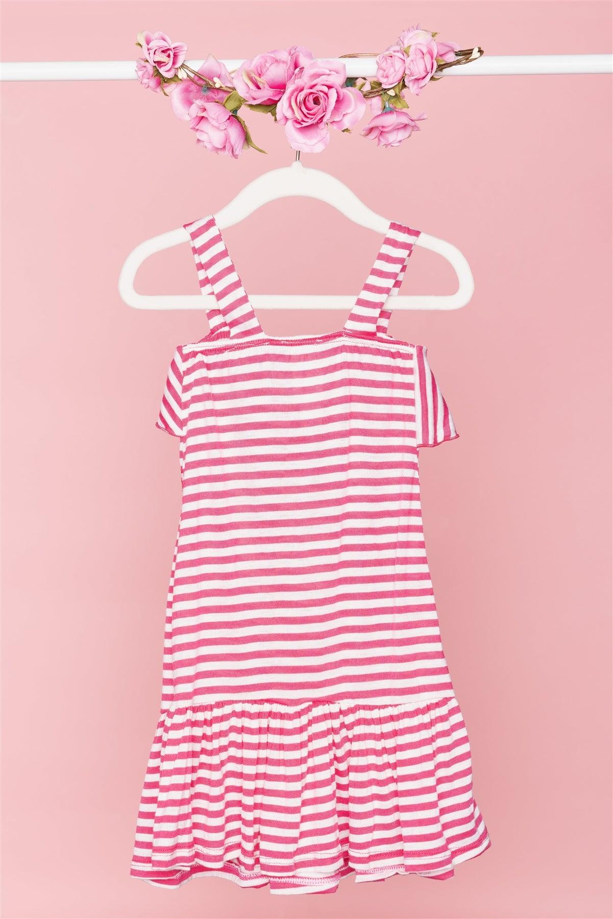 Toddler Girls Pink White Stripped Belted Front Ruffle Flounce Hem Dress /1-1-1-1-1