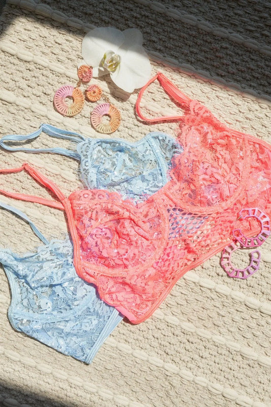 Baby Blue Floral Lace Cropped Cami Underwire Bralette - Tasha Apparel Wholesale