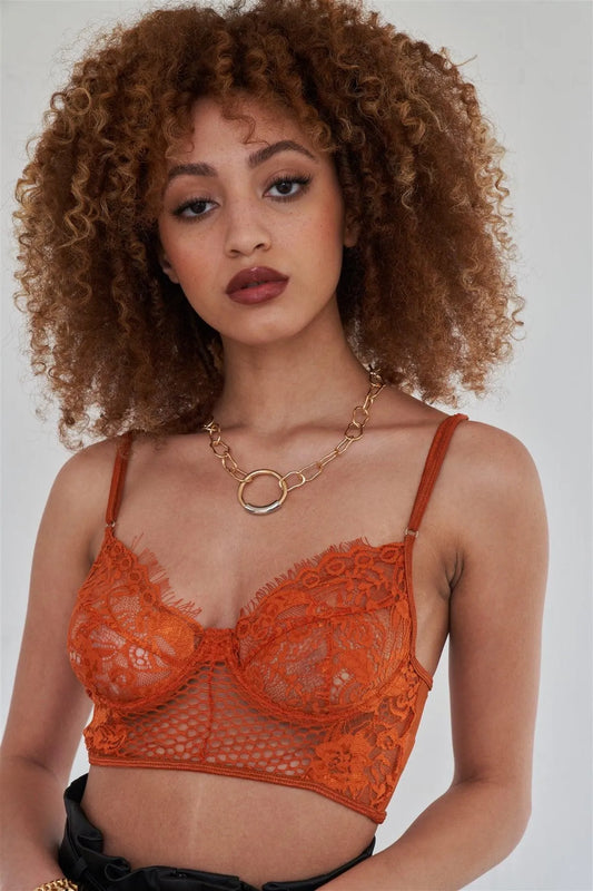 Camel Floral Lace Cropped Cami Underwire Bralette /2-2-2 - Tasha Apparel Wholesale