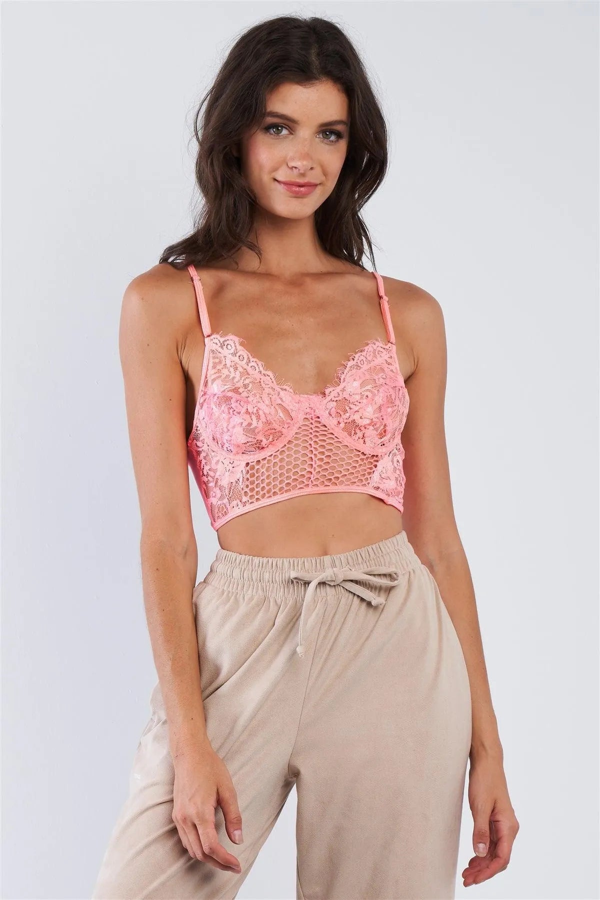 Neon Pink Floral Lace Cropped Cami Underwire Bralette /2-2-2 - Tasha Apparel Wholesale