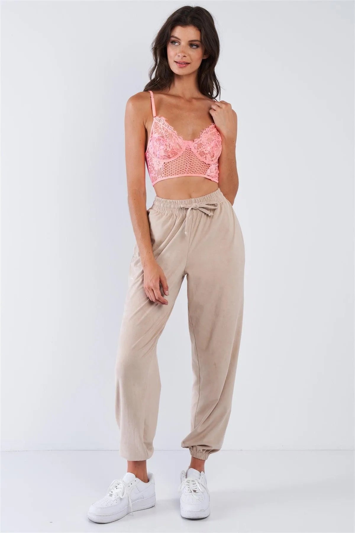 Neon Pink Floral Lace Cropped Cami Underwire Bralette /2-2-2 - Tasha Apparel Wholesale