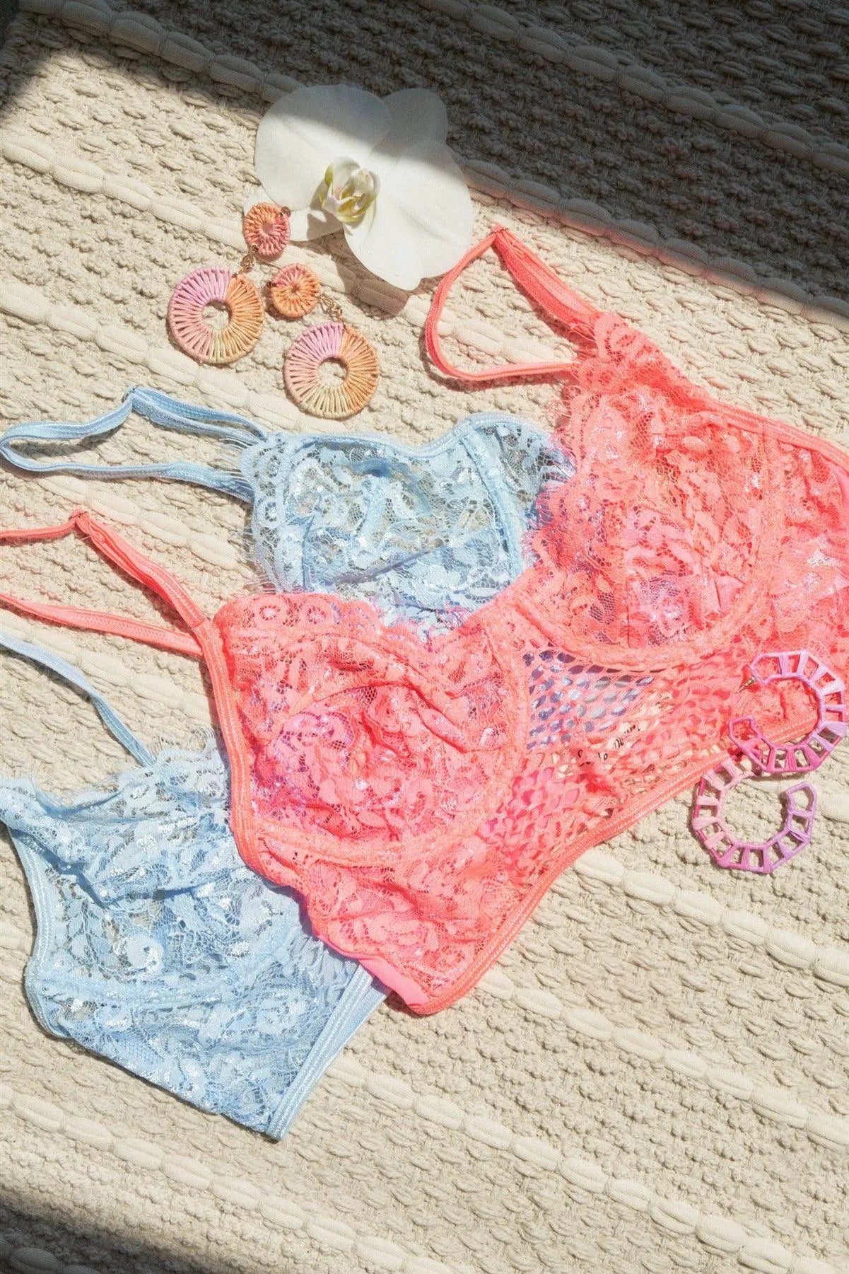 Neon Pink Floral Lace Cropped Cami Underwire Bralette /2-2-2 - Tasha Apparel Wholesale