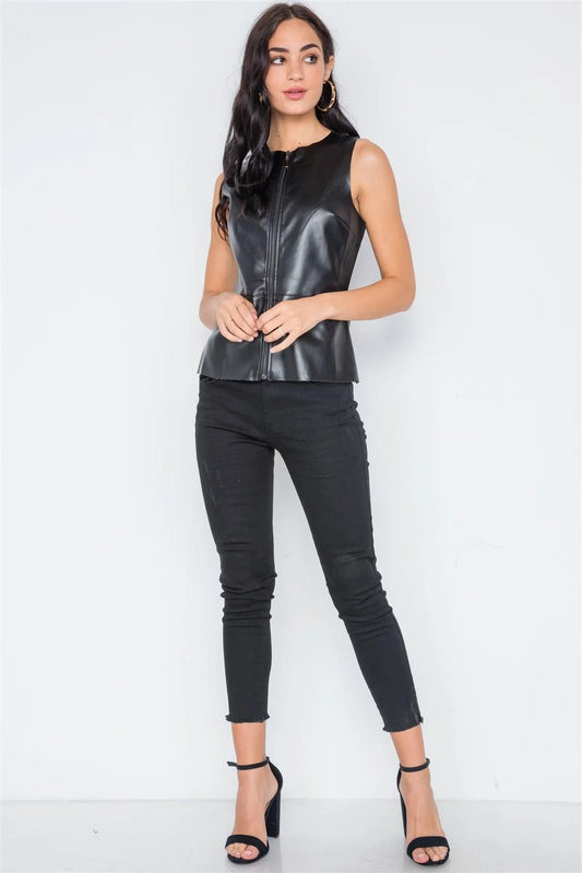 Black Raw Cut Zip-Up Faux Leather Top /3-1-1 - Tasha Apparel Wholesale