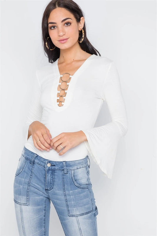 Ivory Bell Sleeves O-Ring Top /3-2-1 - Tasha Apparel Wholesale
