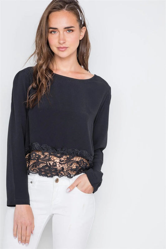 Black Long Sleeve Crochet Hem Top /2-2-2 - Tasha Apparel Wholesale