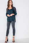Multi Green Plaid Combo Lace 3/4 Sleeve Top /1-2-1