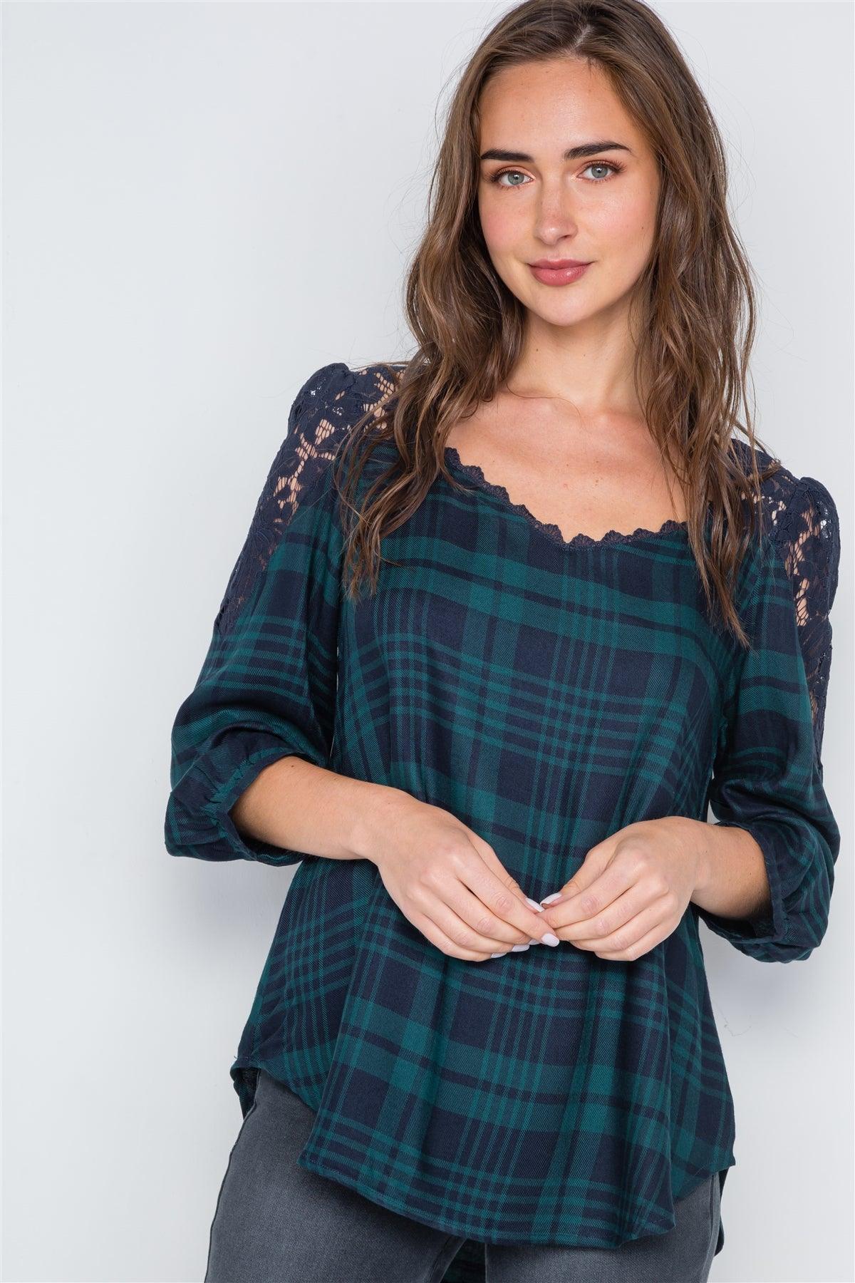 Multi Green Plaid Combo Lace 3/4 Sleeve Top /2-2-2