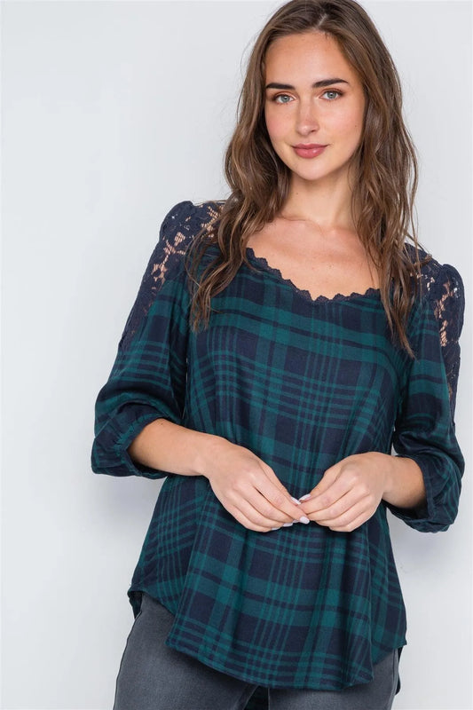 Green Plaid Front & Back Lace 3/4 Sleeve Top - Tasha Apparel Wholesale