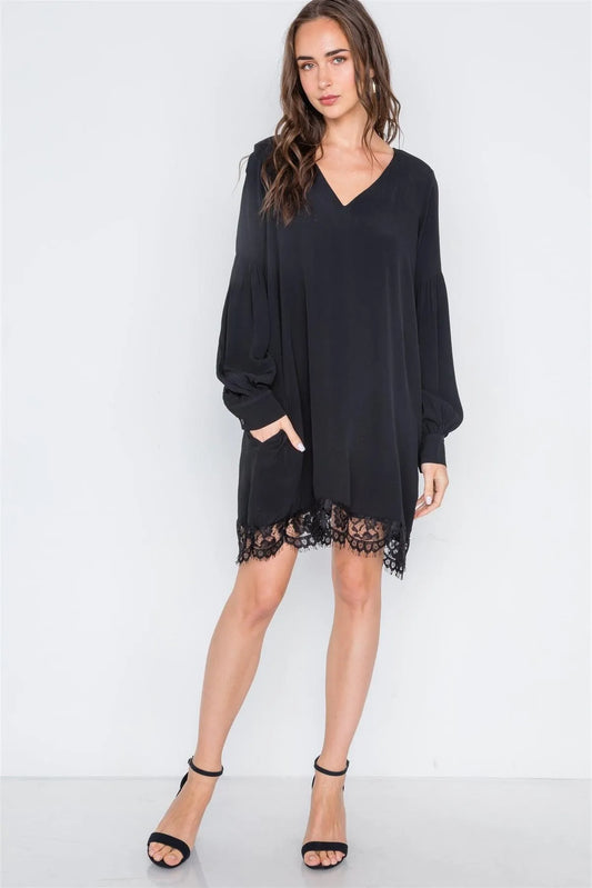 Black Long Sleeve Lace Hem V-Neck Mini Dress /1-1-2 - Tasha Apparel Wholesale
