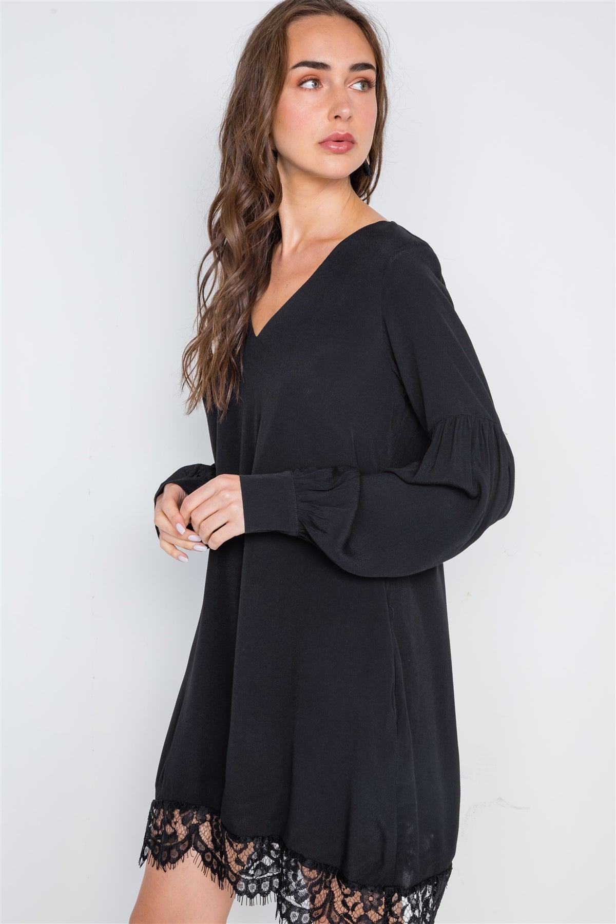 Black Long Sleeve Lace Hem V-Neck Mini Dress /1-1-2