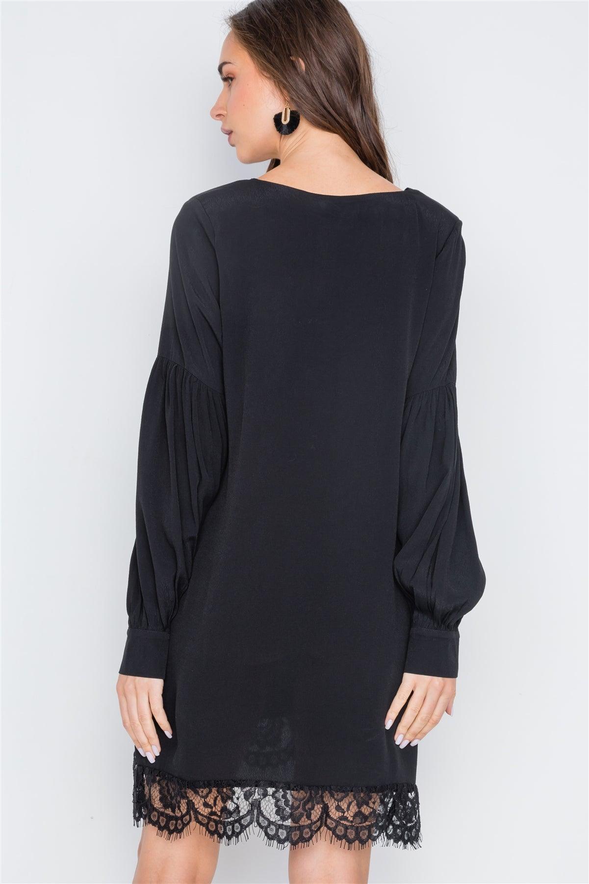 Black Long Sleeve Lace Hem V-Neck Mini Dress /2-2-2