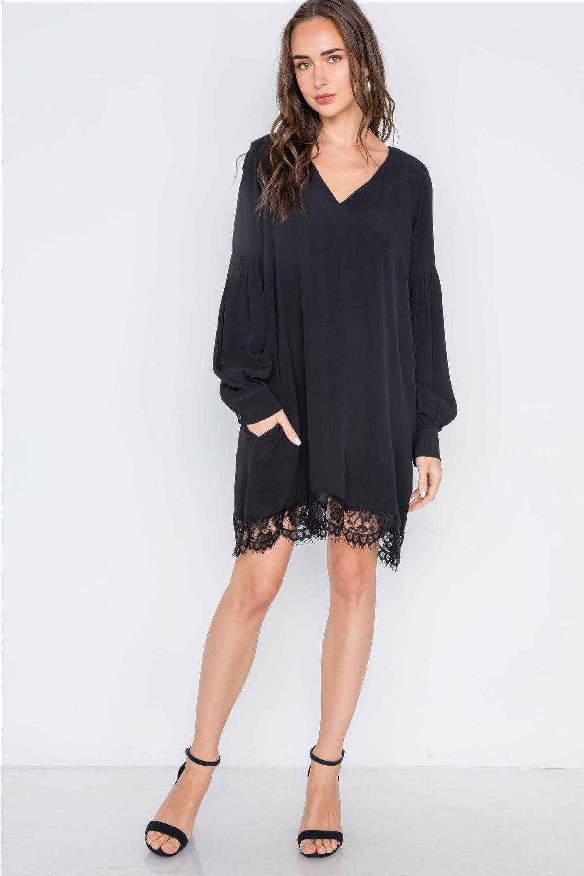 Black Long Sleeve Lace Hem V-Neck Mini Dress /2-2-2