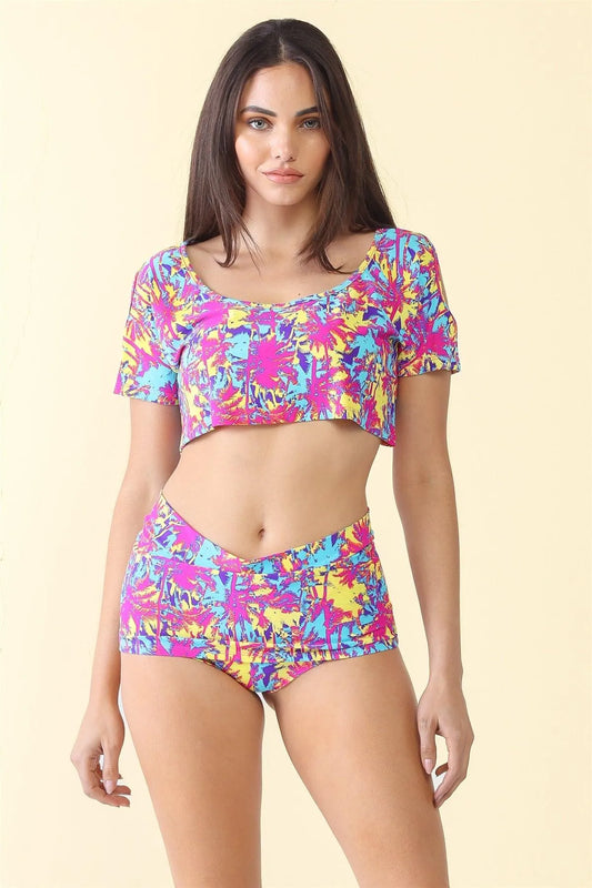 Multi Beach Print Cut-Out Short Sleeve Crop Top & High Waist Skort Set - Tasha Apparel Wholesale
